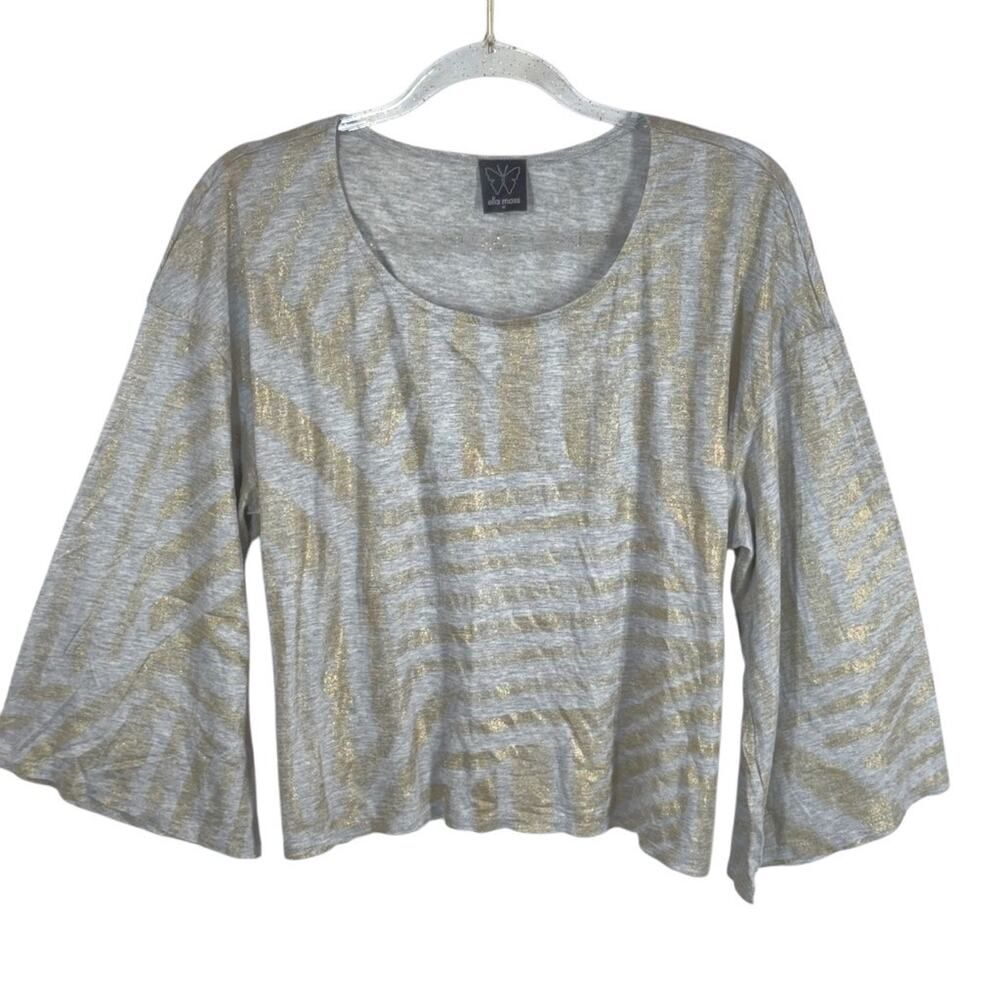 Ella Moss Kimono Sleeve Top in Grey Metallic Gold Print Fine Knit NWT Women’s M